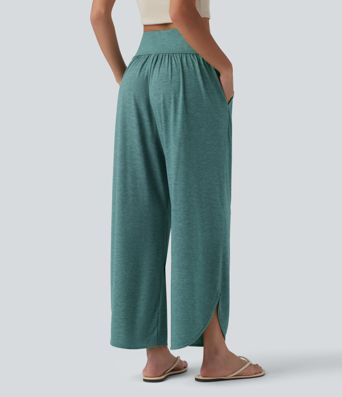 Pantalon décontracté taille haute gainant avec ourlet arrondi et poches