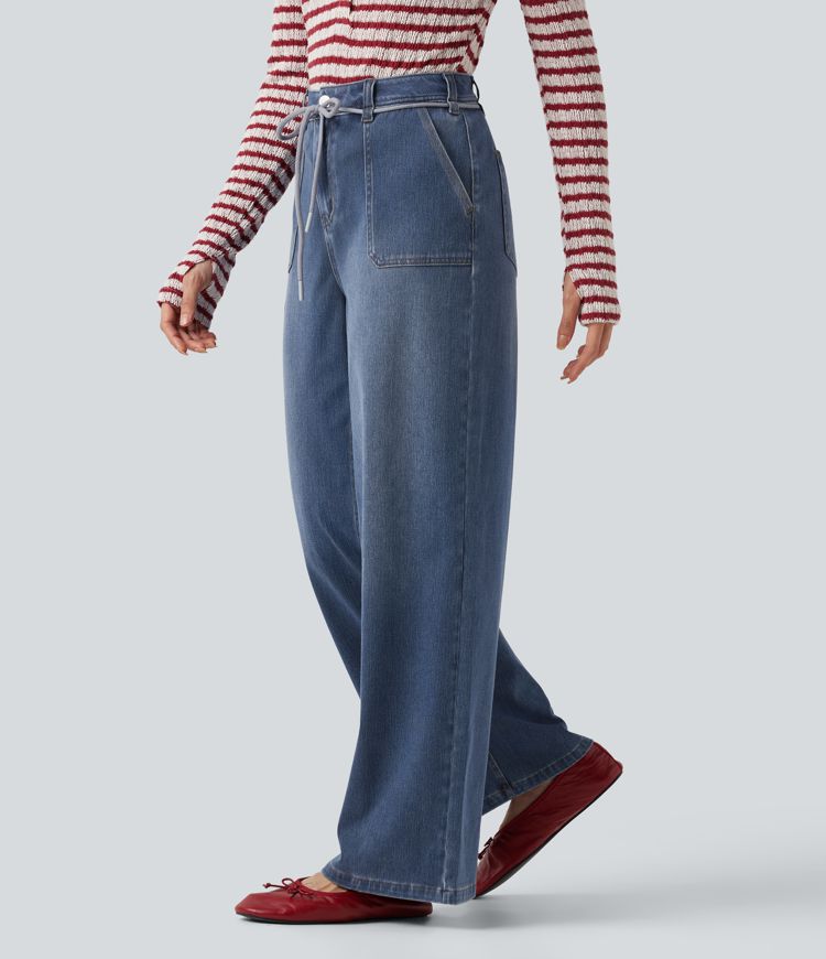 Halara Flex™ Mid Rise Drawstring Casual Baggy Straight Leg Jeans with Pockets