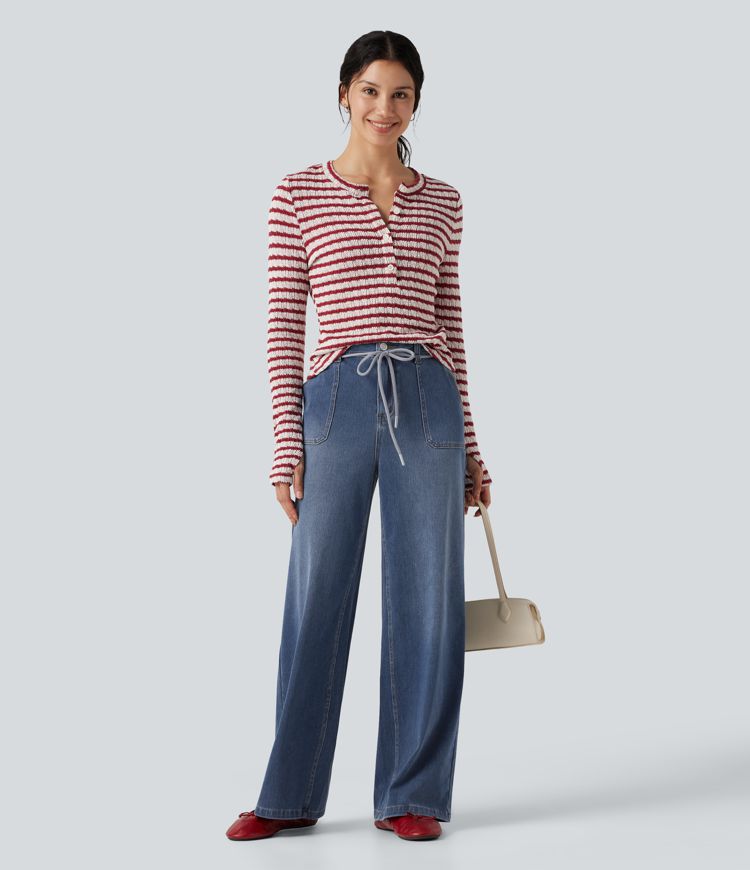 Halara Flex™ Mid Rise Drawstring Casual Baggy Straight Leg Jeans with Pockets