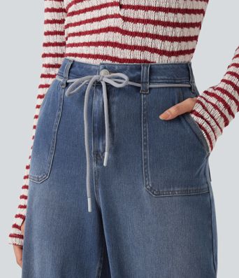 Halara Flex™ Mid Rise Drawstring Casual Baggy Straight Leg Jeans with Pockets