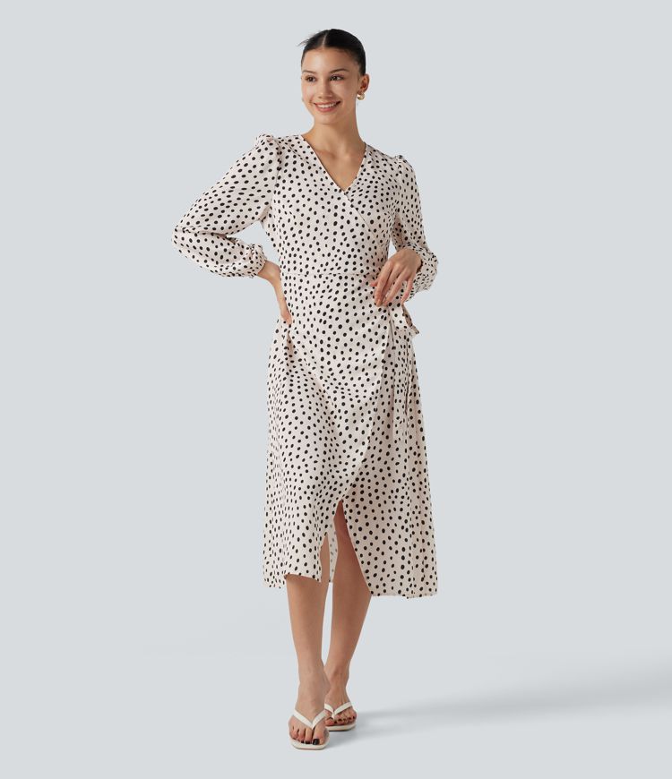Büro-Midikleid in Wickeloptik mit V-Ausschnitt, langen Ärmeln und Polka-Dots Büro-Midikleid in Wickeloptik mit V-Ausschnitt, langen Ärmeln und Polka-Dots