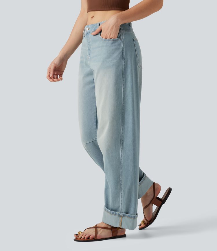 Jean coupe barrel Halara Flex™ taille basse à revers avec poches Jean coupe barrel Halara Flex™ taille basse à revers avec poches