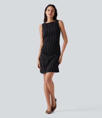 Lässiges, ärmelloses Minikleid mit U-Boot-Ausschnitt, Seitentaschen und Streifen