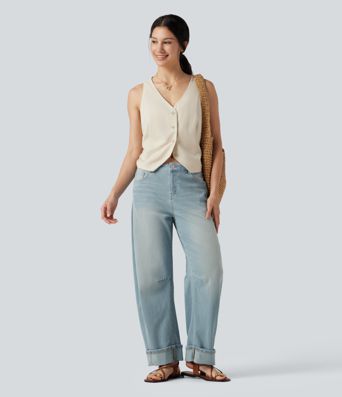 Jean coupe barrel Halara Flex™ taille basse à revers avec poches Jean coupe barrel Halara Flex™ taille basse à revers avec poches
