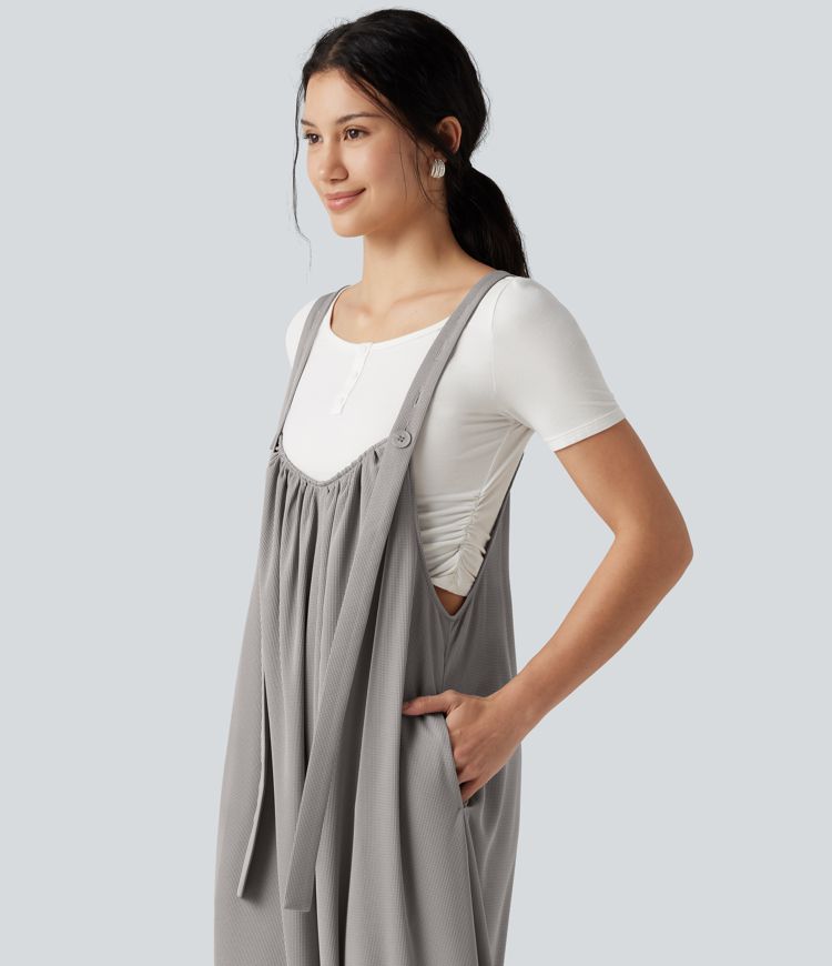Adjustable Straps Waffle Casual Flowy Baggy Jumpsuit with Pockets