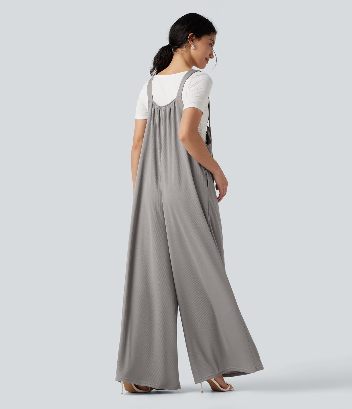 Adjustable Straps Waffle Casual Flowy Baggy Jumpsuit with Pockets
