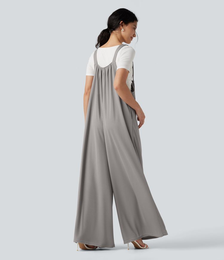 Adjustable Straps Waffle Casual Flowy Baggy Jumpsuit with Pockets