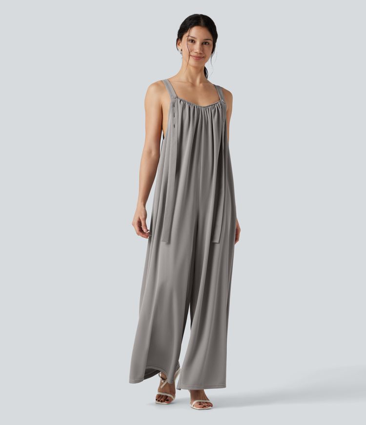 Adjustable Straps Waffle Casual Flowy Baggy Jumpsuit with Pockets