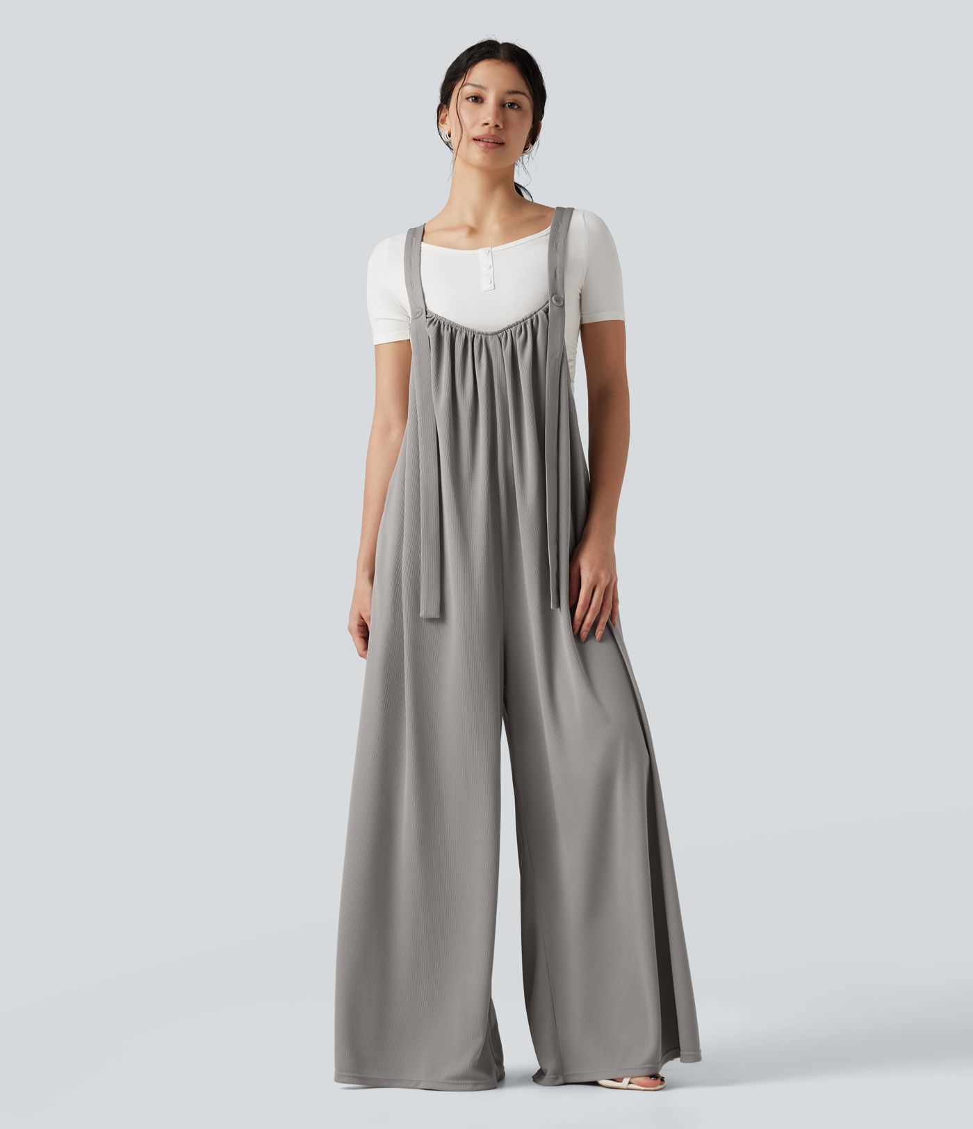 Adjustable Straps Waffle Casual Flowy Baggy Jumpsuit with Pockets
