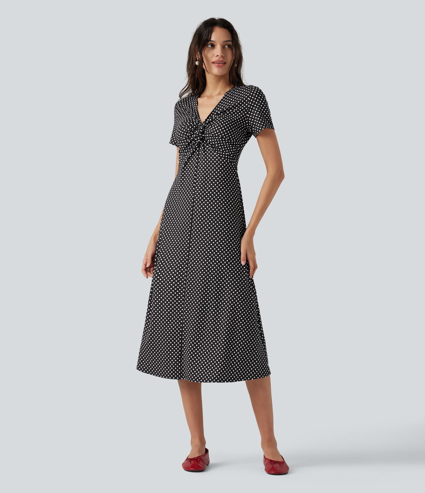 V Neck Short Sleeve Polka Dot Midi Casual Dress