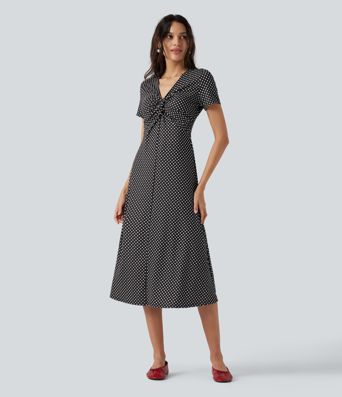 V Neck Short Sleeve Polka Dot Midi Casual Dress
