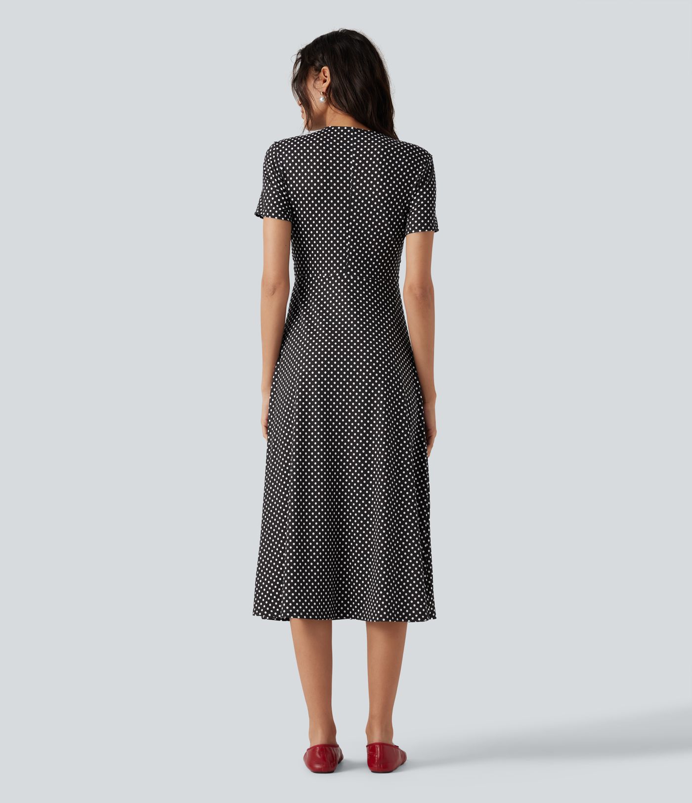 V Neck Short Sleeve Polka Dot Midi Casual Dress