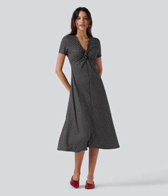V Neck Short Sleeve Polka Dot Midi Casual Dress