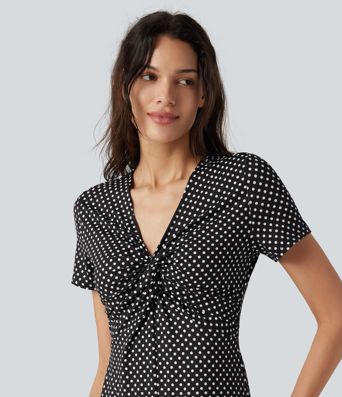 V Neck Short Sleeve Polka Dot Midi Casual Dress