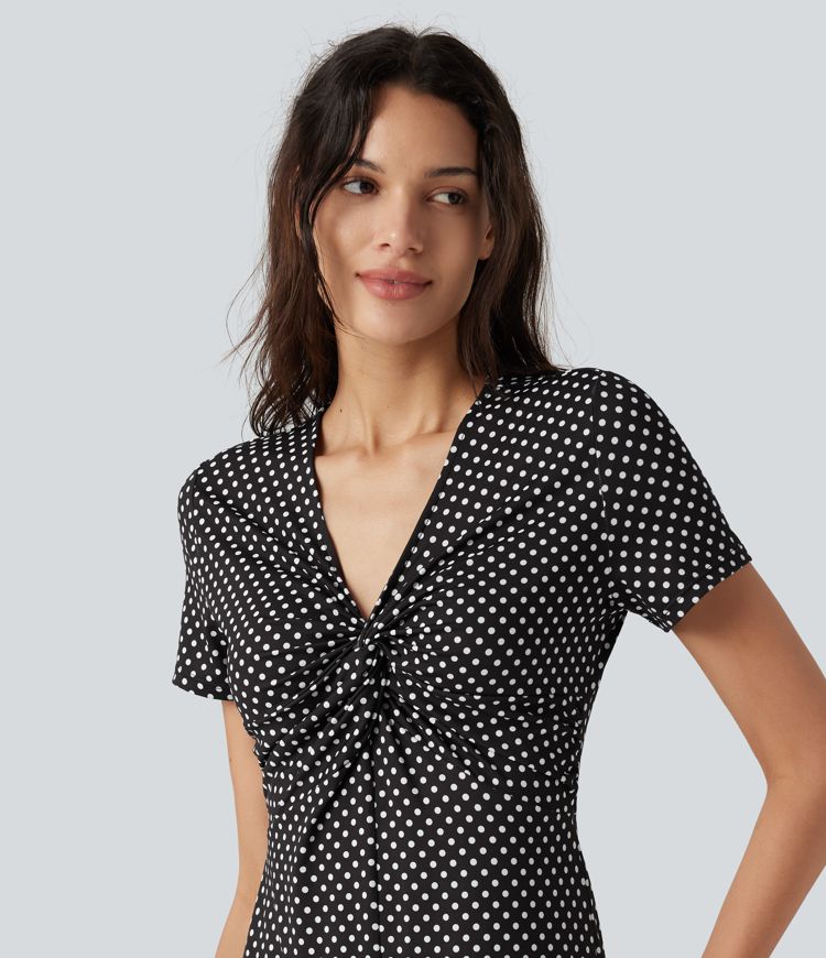 V Neck Short Sleeve Polka Dot Midi Casual Dress