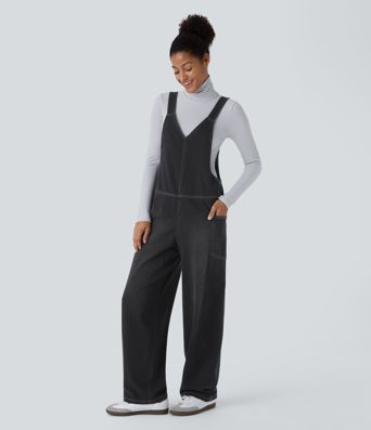 Halara Flex™ V Neck Pocket Washed Denim Casual Dungarees