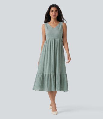 V Neck Sleeveless Midi Casual Dress