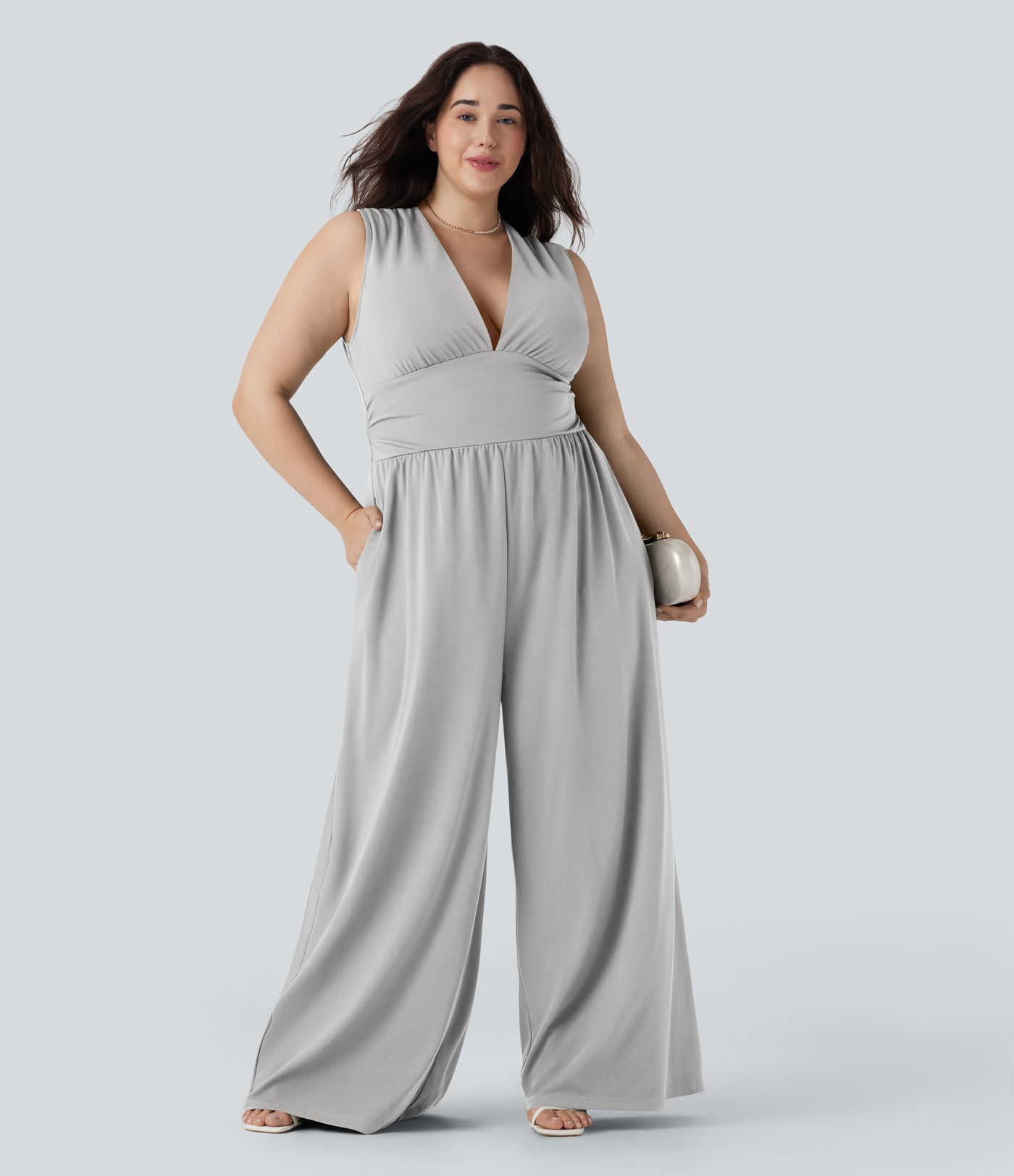 Plus Size V Neck Sleeveless Jumpsuit with Pockets-Easy Peezy Edition