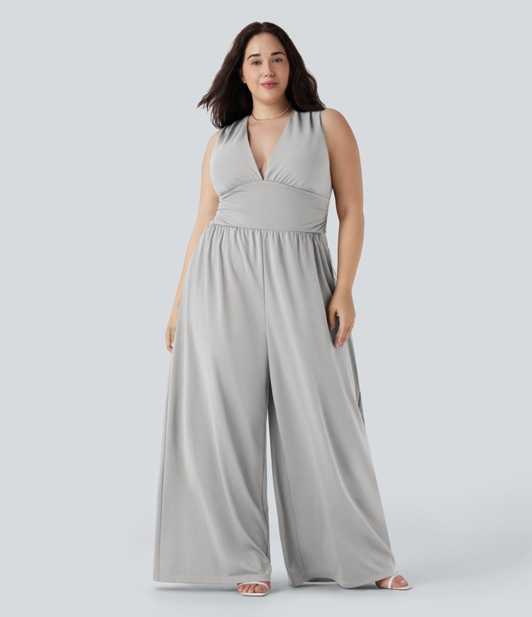 Plus Size V Neck Sleeveless Jumpsuit with Pockets-Easy Peezy Edition