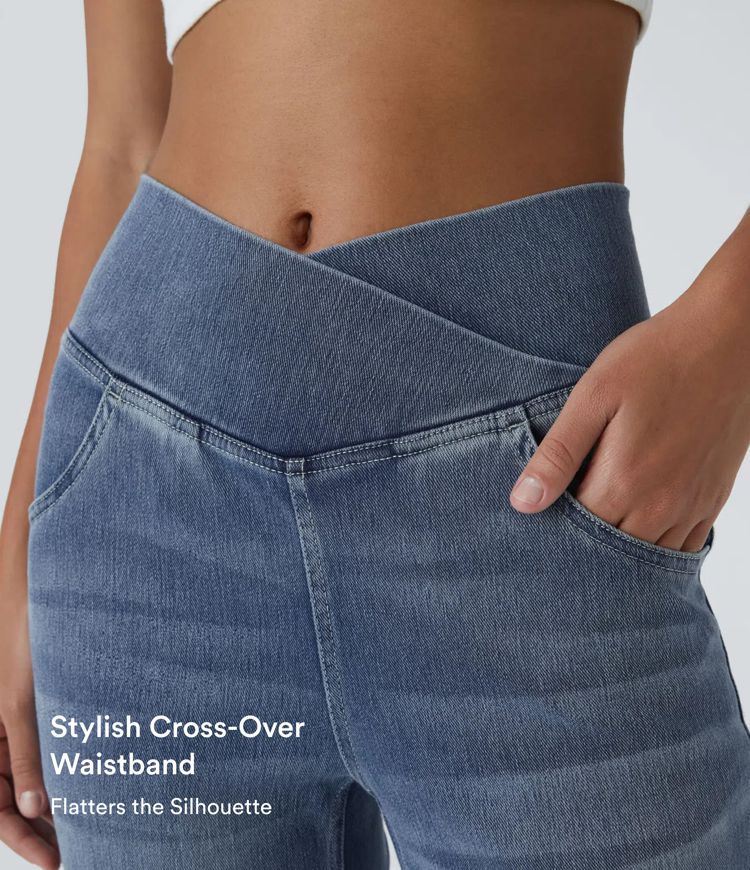Halara Flex™ High Waisted Crossover Pocket Washed Casual Flared Jeans