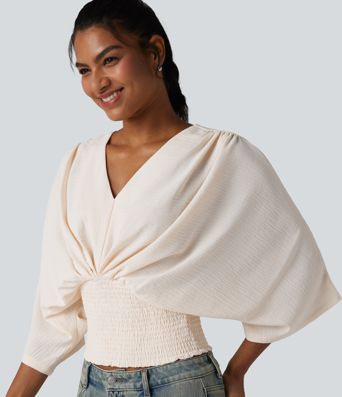 V-neck Batwing Sleeve Shirred Casual Linen-Feel Blouse