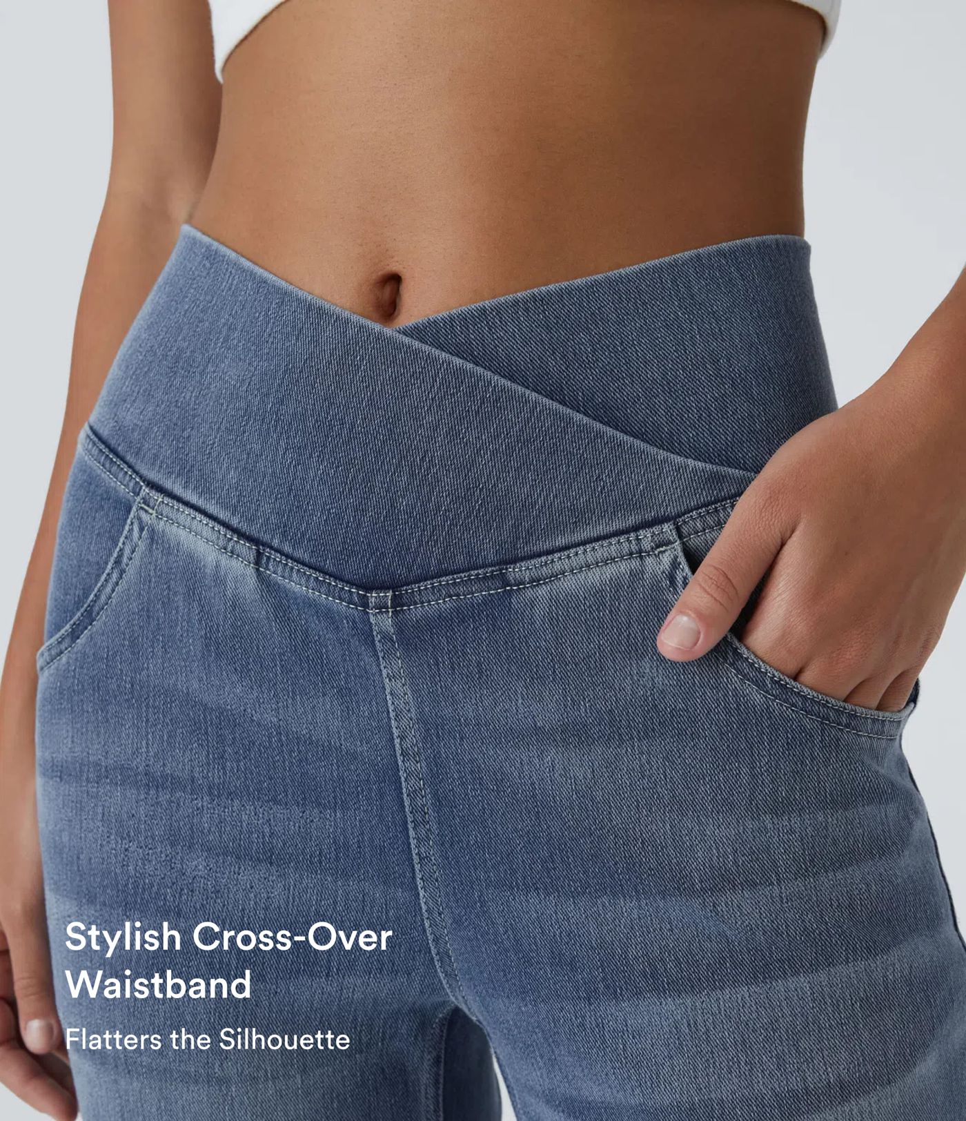 Halara Flex™ Vaqueros de tiro alto con cintura cruzada, con bolsillos, lavados, de corte relajado y pernera ancha