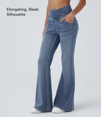 Halara Flex™ Vaqueros de tiro alto con cintura cruzada, con bolsillos, lavados, de corte relajado y pernera ancha