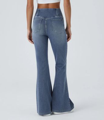 Halara Flex™ Vaqueros de tiro alto con cintura cruzada, con bolsillos, lavados, de corte relajado y pernera ancha