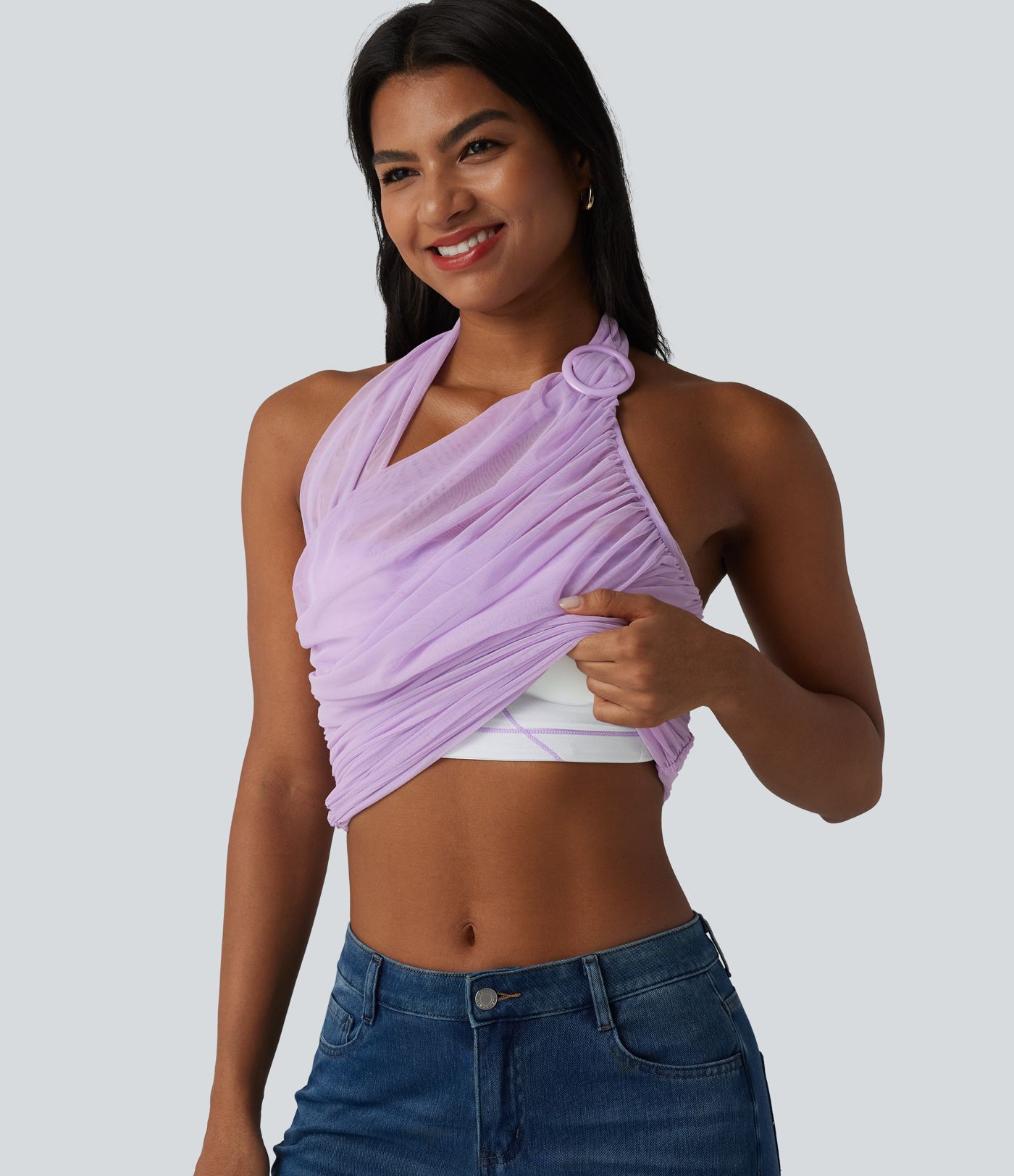 Halter Backless Ruched Mesh Overlay Built-in Bra Resort Tank Top Halter Backless Ruched Mesh Overlay Built-in Bra Resort Tank Top