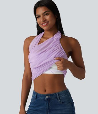 Halter Backless Ruched Mesh Overlay Built-in Bra Resort Tank Top Halter Backless Ruched Mesh Overlay Built-in Bra Resort Tank Top