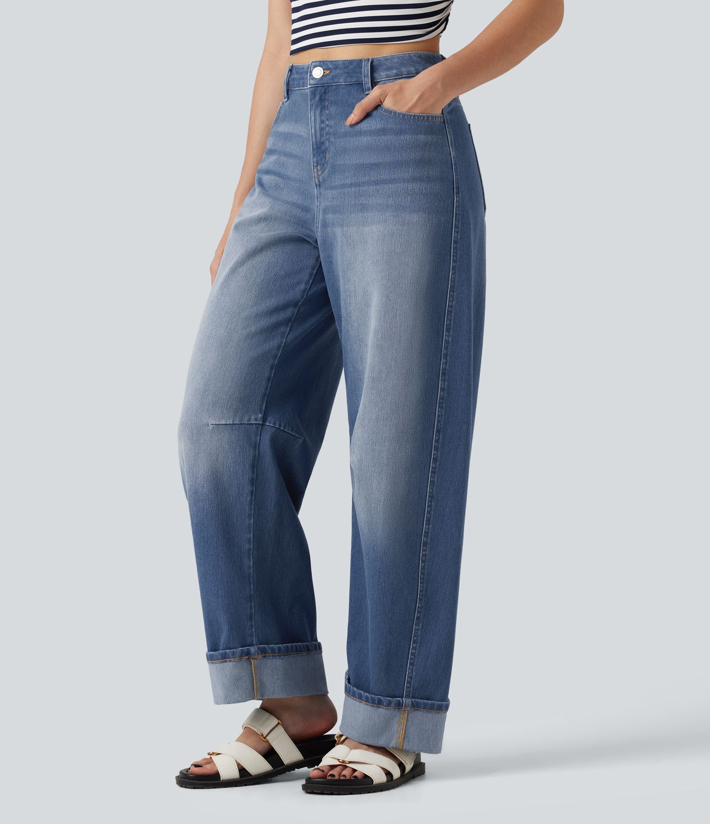 Halara Flex™ Mid Rise Rolled Hem Casual Barrel Leg Jeans with Pockets