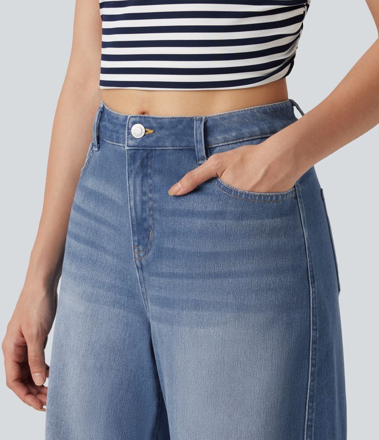 Halara Flex™ Mid Rise Rolled Hem Casual Barrel Leg Jeans with Pockets
