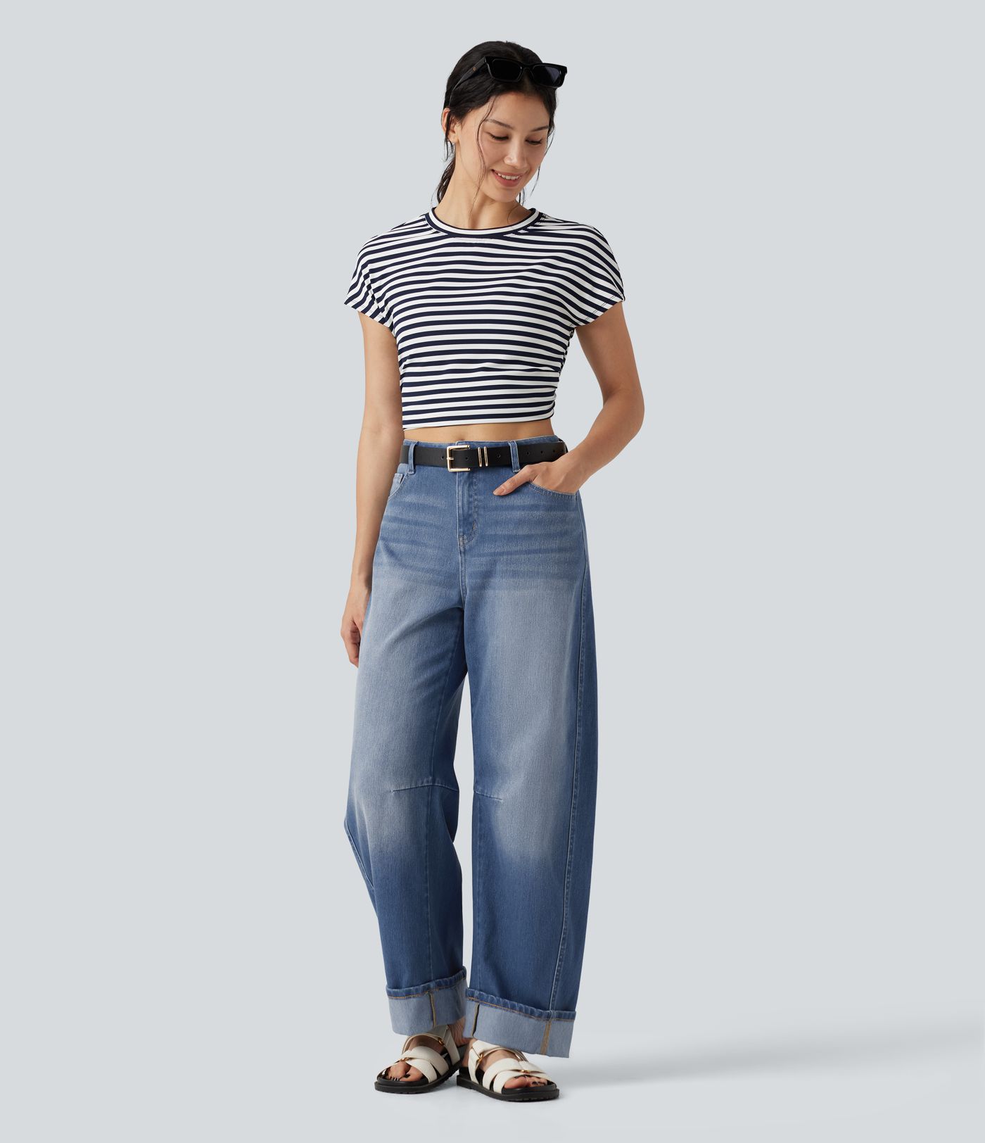 Halara Flex™ Mid Rise Rolled Hem Casual Barrel Leg Jeans with Pockets