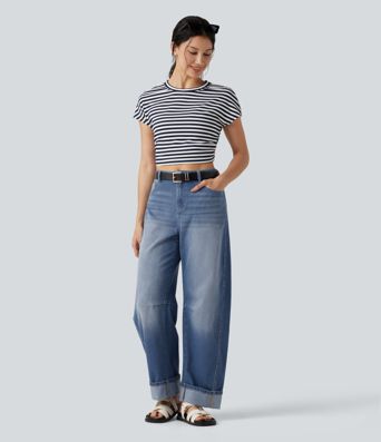 Halara Flex™ Mid Rise Rolled Hem Casual Barrel Leg Jeans with Pockets