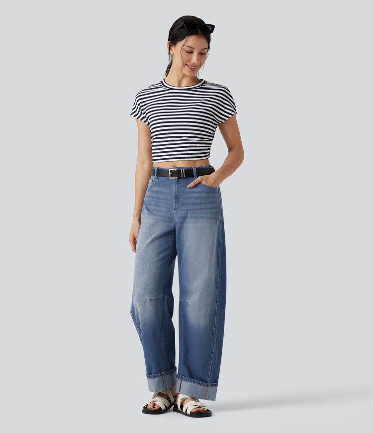 Halara Flex™ Mid Rise Rolled Hem Casual Barrel Leg Jeans with Pockets
