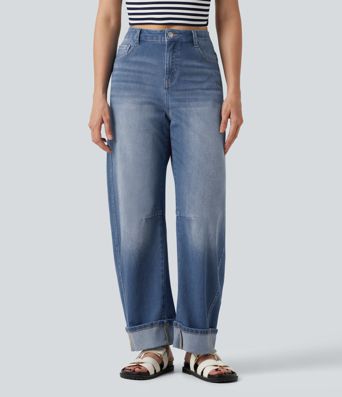 Halara Flex™ Mid Rise Rolled Hem Casual Barrel Leg Jeans with Pockets