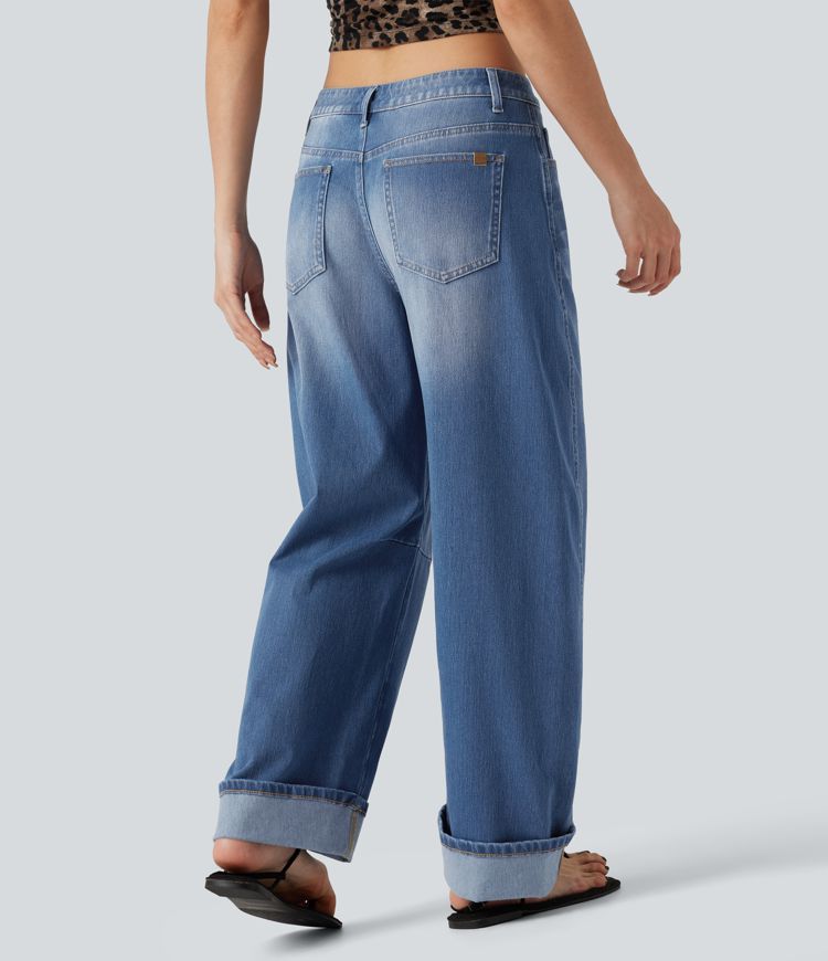 Halara Flex™ Low Rise Rolled Hem Casual Barrel Leg Jeans with Pockets