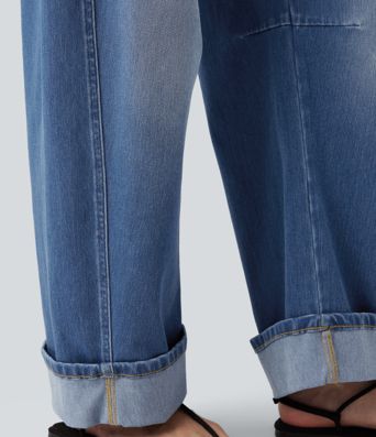 Halara Flex™ Low Rise Rolled Hem Casual Barrel Leg Jeans with Pockets