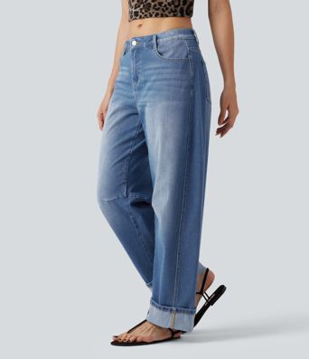 Halara Flex™ Low Rise Rolled Hem Casual Barrel Leg Jeans with Pockets