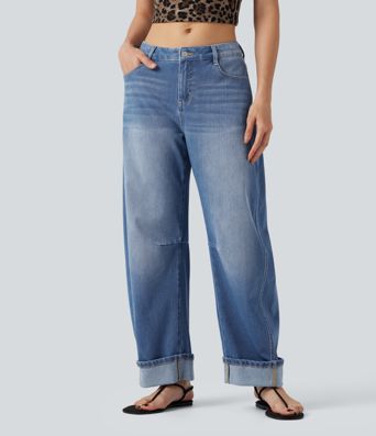 Halara Flex™ Low Rise Rolled Hem Casual Barrel Leg Jeans with Pockets