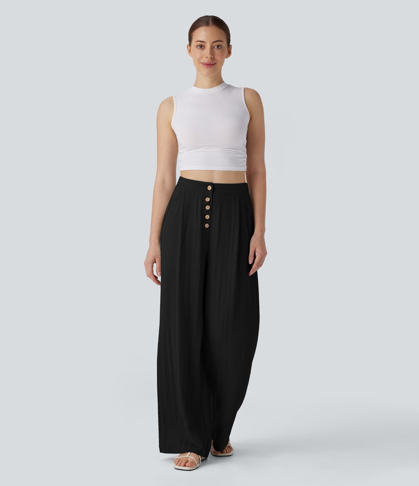 High Waisted Button Wide Leg Casual Linen-Feel Trousers with Pockets