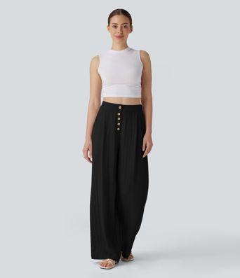 High Waisted Button Wide Leg Casual Linen-Feel Trousers with Pockets