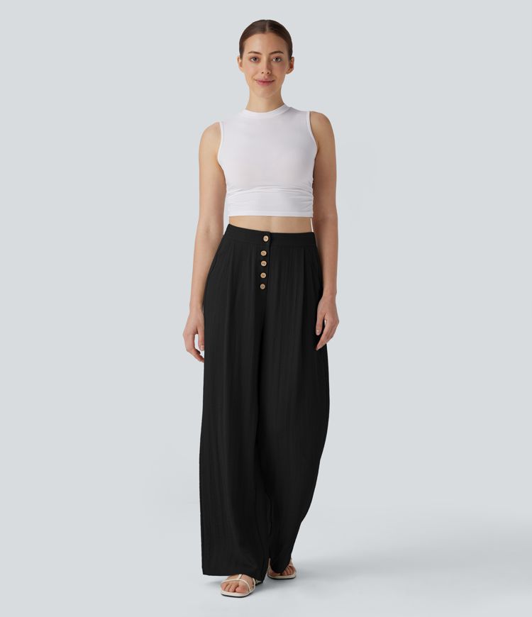 High Waisted Button Wide Leg Casual Linen-Feel Trousers with Pockets