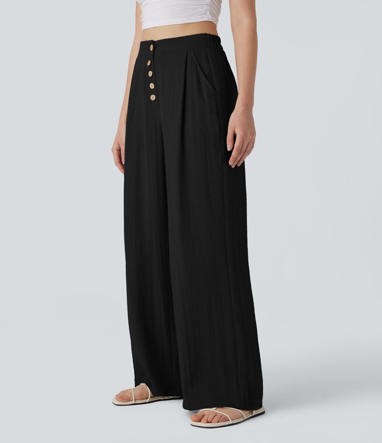 High Waisted Button Wide Leg Casual Linen-Feel Trousers with Pockets