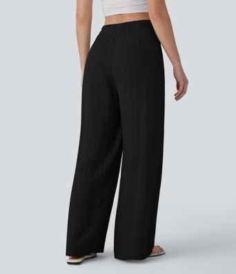 High Waisted Button Wide Leg Casual Linen-Feel Trousers with Pockets