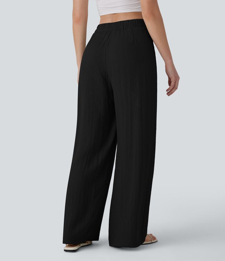 High Waisted Button Wide Leg Casual Linen-Feel Trousers with Pockets