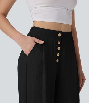High Waisted Button Wide Leg Casual Linen-Feel Trousers with Pockets