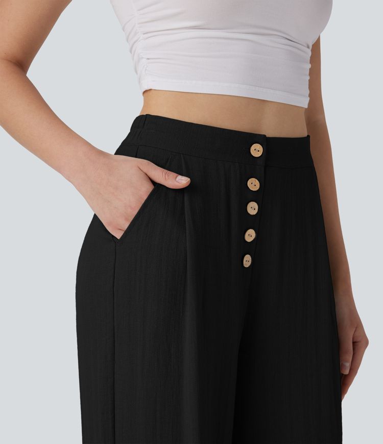 High Waisted Button Wide Leg Casual Linen-Feel Trousers with Pockets