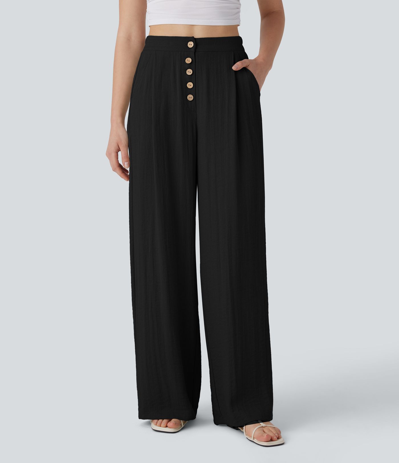High Waisted Button Wide Leg Casual Linen-Feel Trousers with Pockets