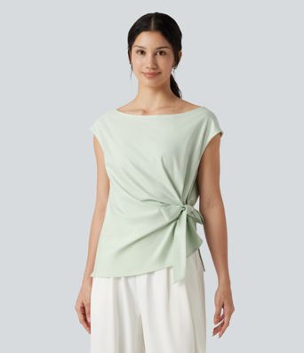 Boat Neck Cap Sleeve Tie-side Casual Linen-Blend Blouse